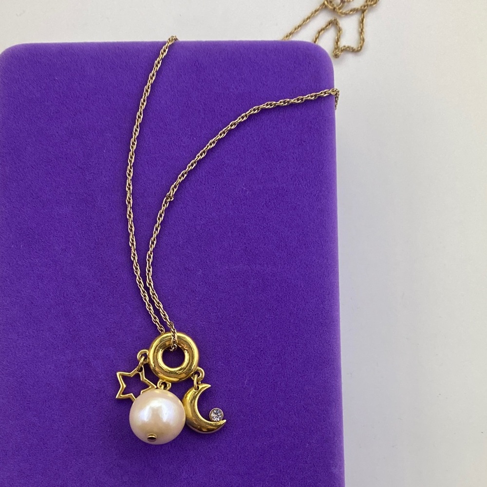 💛 Vintage Gold Plated Pearl Star & Moon Charm Necklace | Dainty Boho Jewelry